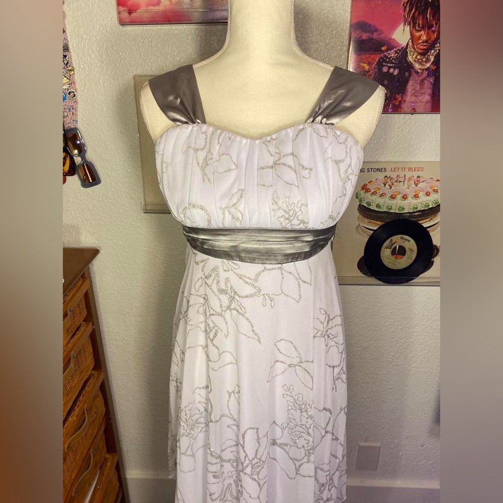 Elegant White and Silver Floral Dress